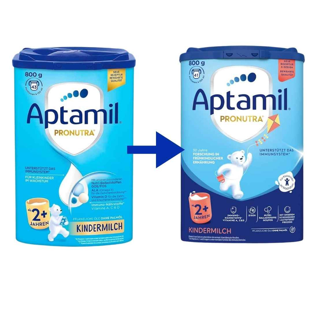 Two packages of Aptamil Pronutra baby formula , previous design to new design