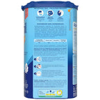 Back view of a blue baby formula powder container with text and icons.
