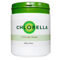 A container of Algomed Chlorella Powder with a green lid and a label displaying the brand name and product weight, 1000g.