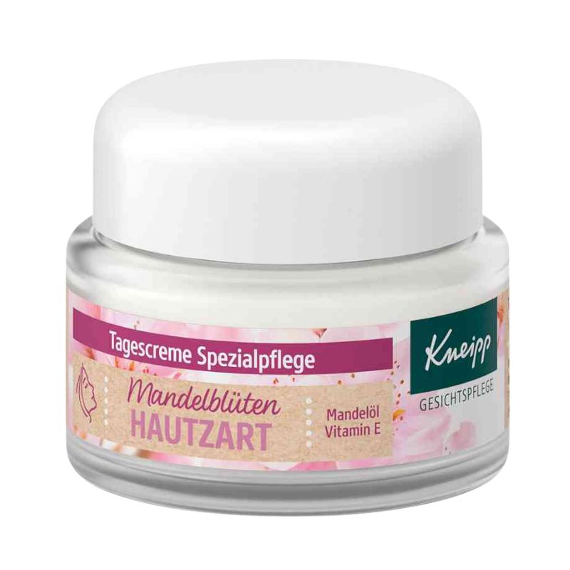 A jar of Kneipp Tagescreme Spezialpflege hand cream with a white lid and a pink and green label, set against a plain white background.