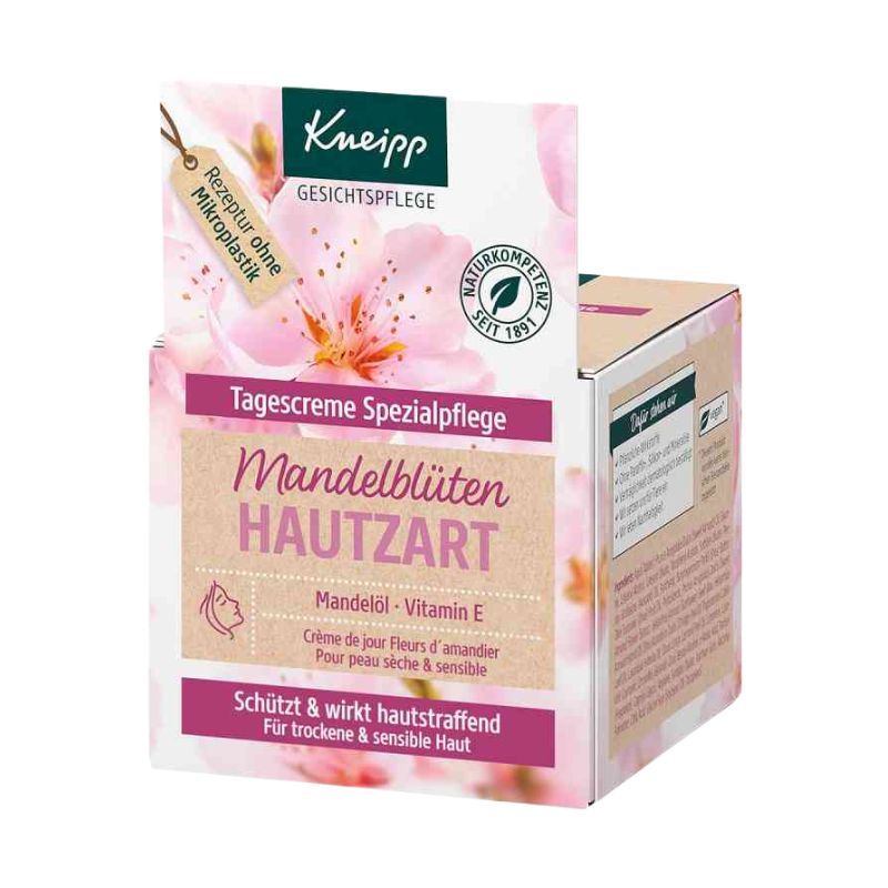 Kneipp Mandelblüten Hautzart face cream packaging box with pink cherry blossom graphics, beige background panels, and green Kneipp branding on a white background.