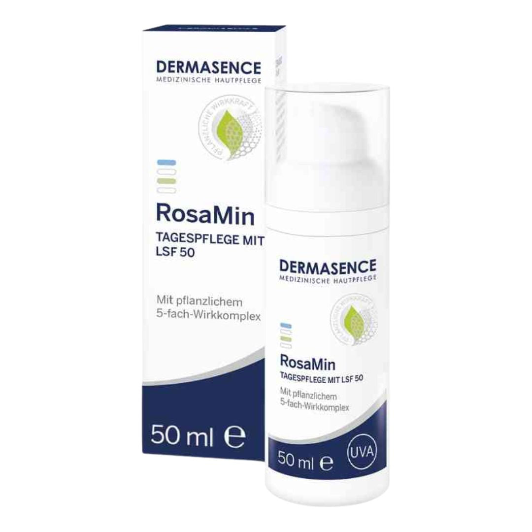 Dermasence RosaMin Day Cream with SPF 50 bottle and box with white background