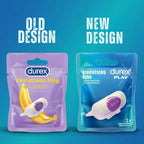 Comparison of Durex product packaging with 'Old Design' on purple and 'New Design' on blue background.