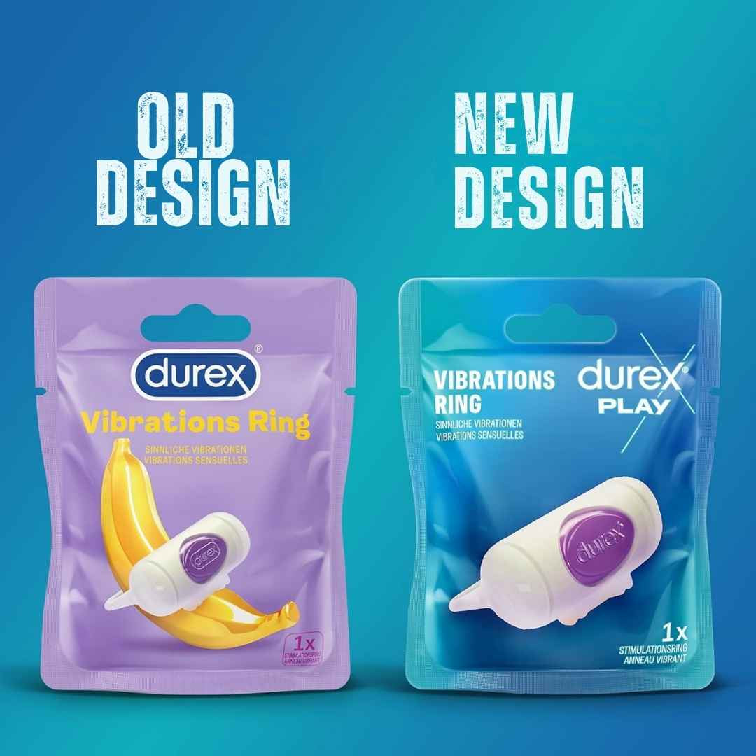 Comparison of Durex product packaging with 'Old Design' on purple and 'New Design' on blue background.