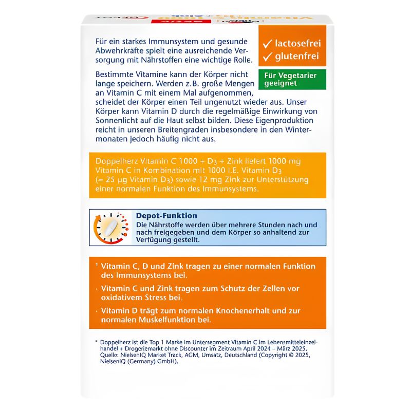 A white rectangular supplement box with German text, featuring orange, green, and blue informational panels on the front. The box is photographed against a plain white background.