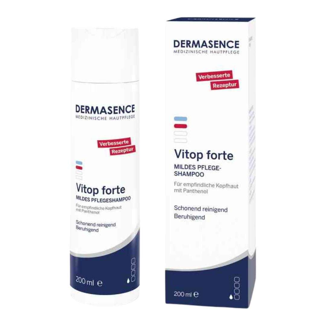 Two bottles of Dermasence Vitop forte shampoo on a white background