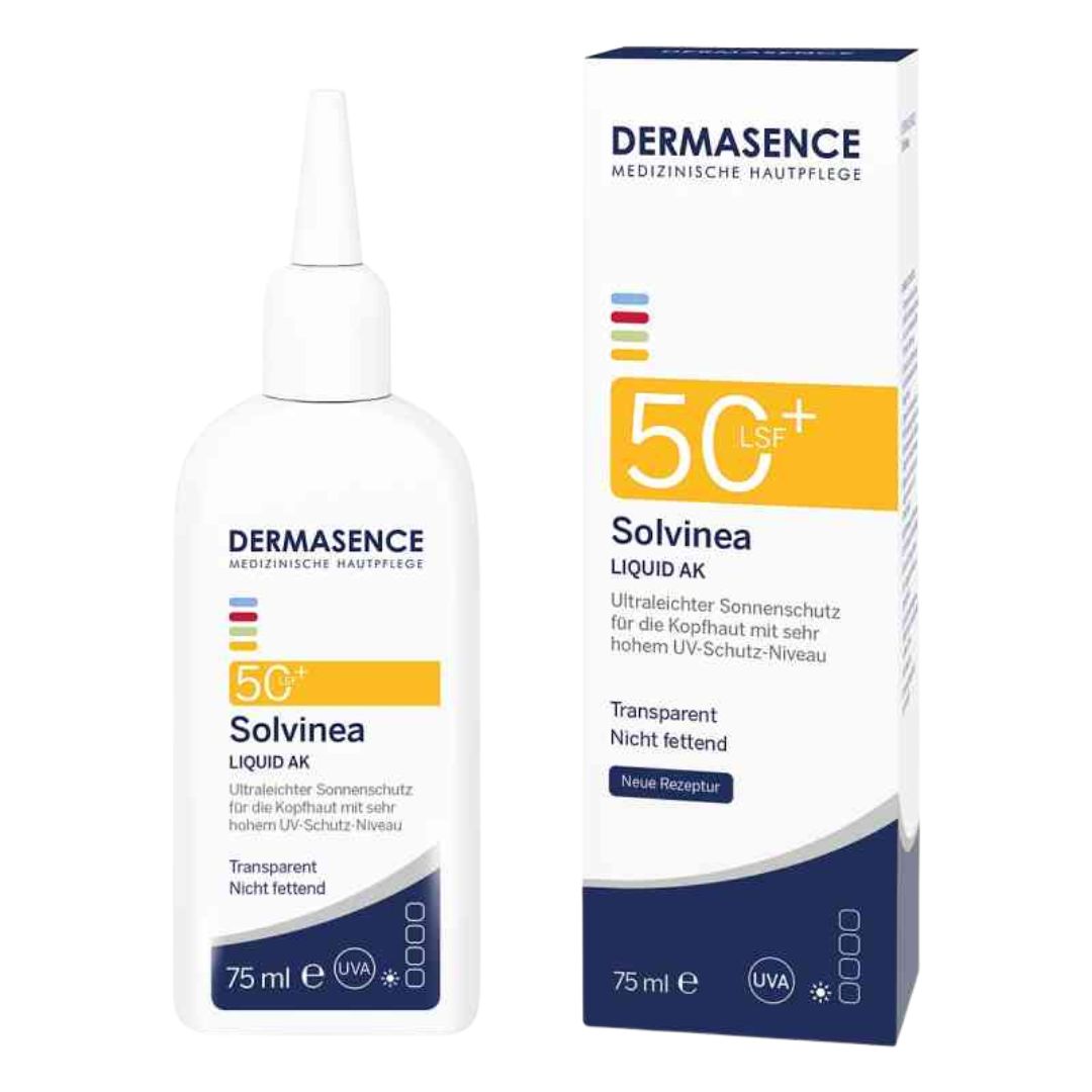 Dermasence Solvinea liquid sunscreen bottle and packaging on a white background