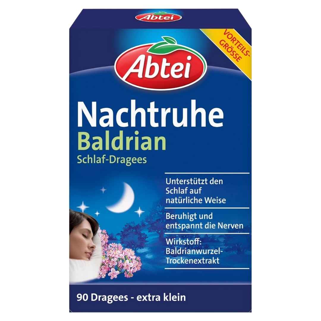 Box of Abtei Nachtruhe Baldrian sleep gummies with branding and product details on a blue background.