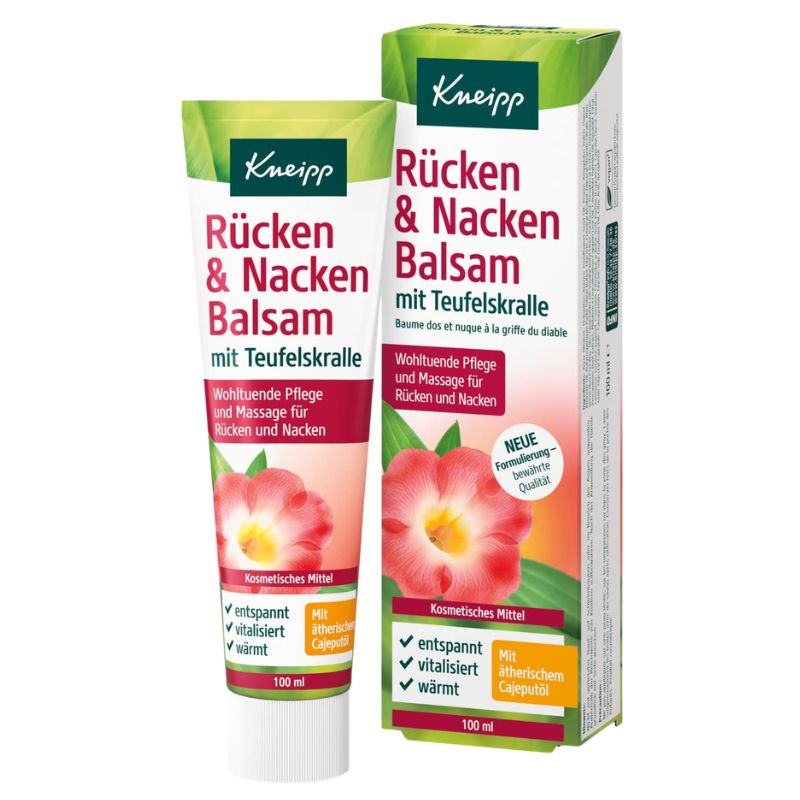 Kneipp Rücken & Nacken Balsam tube and matching retail box on a plain white background. The packaging features green, white, and red design elements with a pink hibiscus flower illustration.