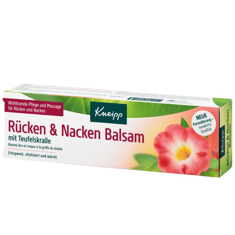Kneipp Rücken & Nacken Balsam box with German text, featuring a pink flower illustration and green leaf accents on a white background.