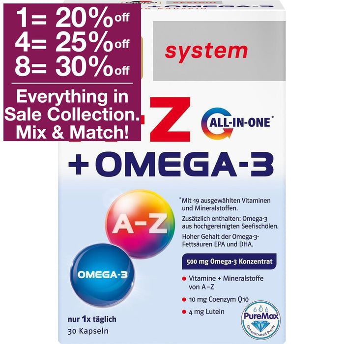 Doppelherz A-Z Omega 3 All-in-one contains carefully coordinated, a total of 19 vitamins, minerals and trace elements - from vitamin A to zinc.  A practical solution for everyone who wants an all-round supply of selected vitamins, minerals, trace elements and omega-3 fatty acids in one cap.