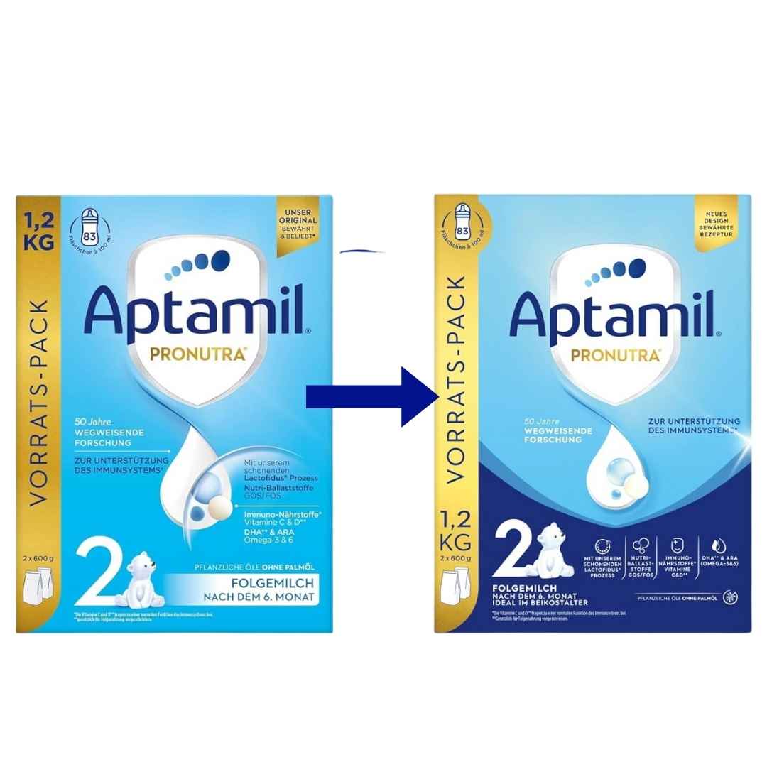 Two packages of Aptamil Pronutra baby formula with old and new design