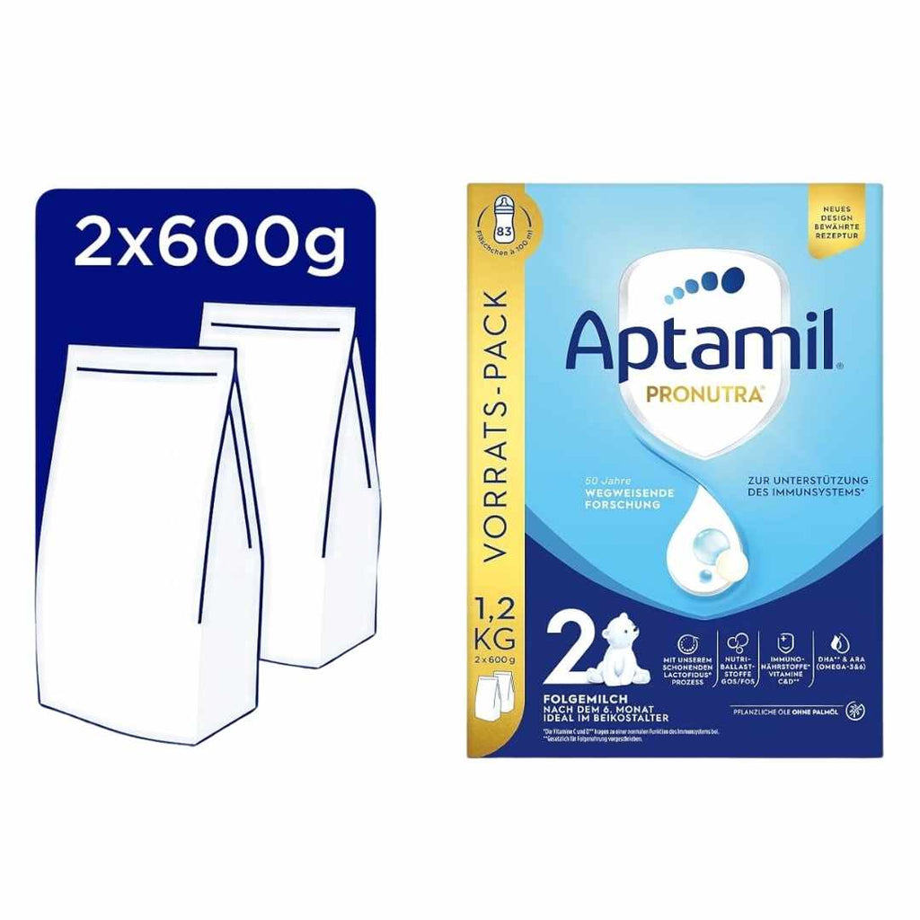 Aptamil Pronutra milk powder packaging with 2 bags of 600 g on a white background