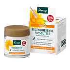 Kneipp Fussbutter foot care jar with a wooden lid next to its product packaging box, featuring a yellow flower graphic and German text on a white background.