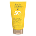 A yellow squeeze tube of Louis Widmer Face Sun Protection Sport SPF 50+ sunscreen cream with a beige flip-top cap, shown on a plain white background.