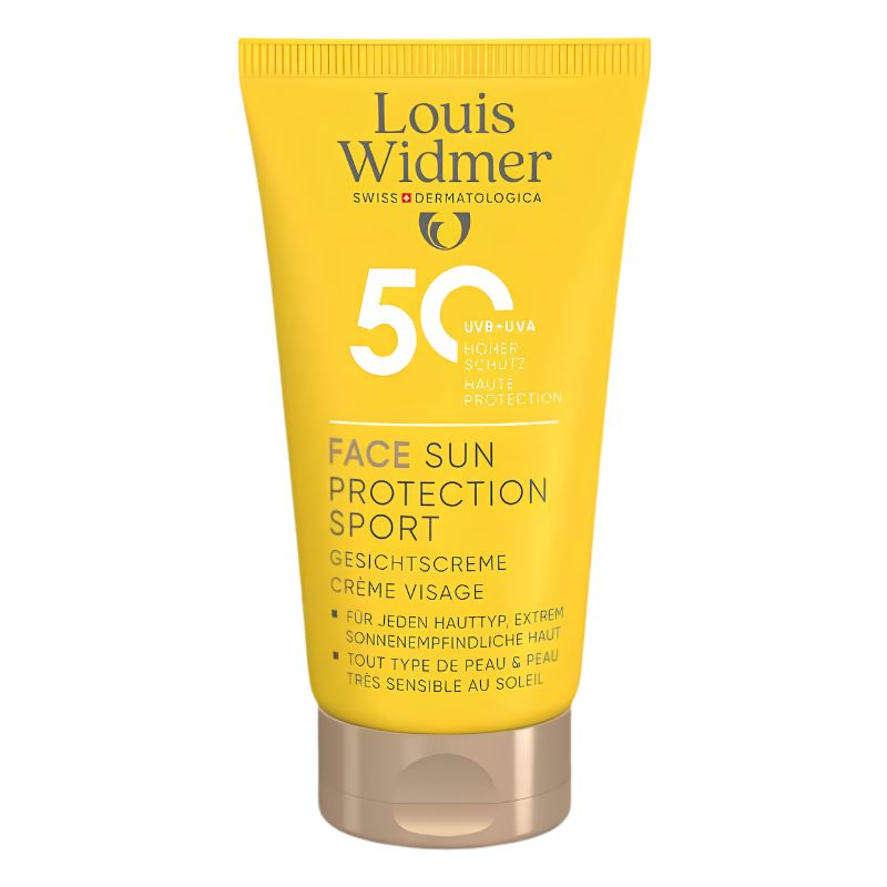 A yellow squeeze tube of Louis Widmer Face Sun Protection Sport SPF 50+ sunscreen cream with a beige flip-top cap, shown on a plain white background.