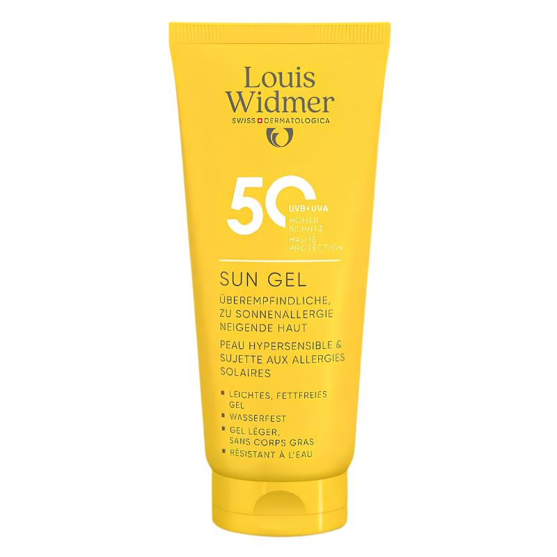 A yellow squeeze tube of Louis Widmer Sun Gel SPF 50 sunscreen gel, featuring black text and a white '50' graphic, set against a plain white background.