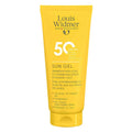 A yellow squeeze tube of Louis Widmer Sun Gel SPF 50 sunscreen gel, featuring black text and a white '50' graphic, set against a plain white background.