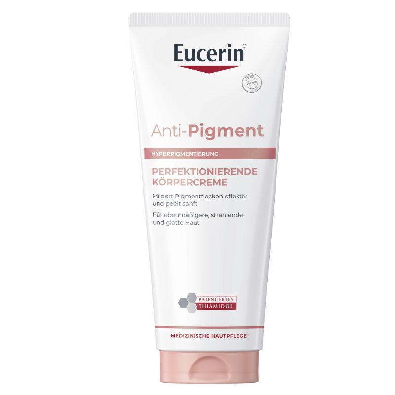 A white squeeze tube of Eucerin Anti-Pigment Hyperpigmentierung body cream with a pale pink cap, shown on a plain white background.