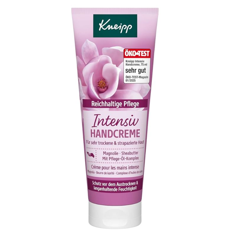 A squeeze tube of Kneipp Intensiv Handcreme with pink and purple graphics, featuring a white cap and German text, on a plain white background.
