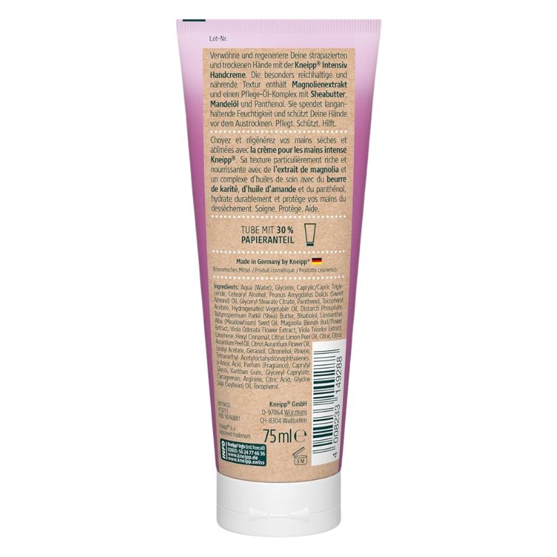 The back of a 75ml squeeze tube of Knoppa Handcreme, featuring product information in German, a barcode, and a light pink and white design.