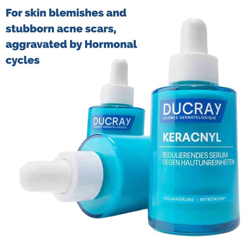 Three blue and white Ducray Keracnyl serum dropper bottles on a white background with blue promotional text at the top.