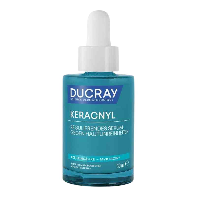 Ducray Keracnyl skincare serum in a 30 ml dropper bottle, featuring a teal blue glass container and a white dropper cap against a plain white background.