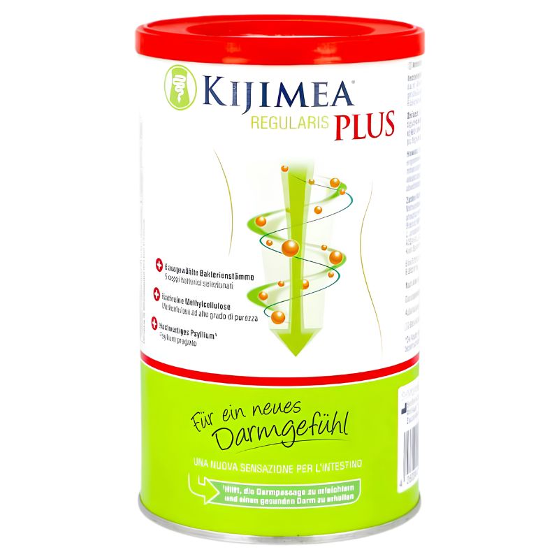 A canister of Kijimeea Regularis Plus dietary supplement, featuring a white label with a red lid and a bright green lower section, photographed on a clean white background.