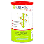 A canister of Kijimeea Regularis Plus dietary supplement, featuring a white label with a red lid and a bright green lower section, photographed on a clean white background.