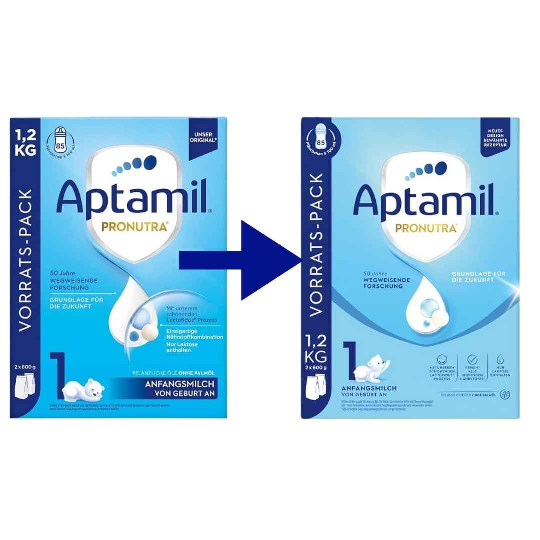 Two packages of Aptamil Pronutra milk powder with old and new design