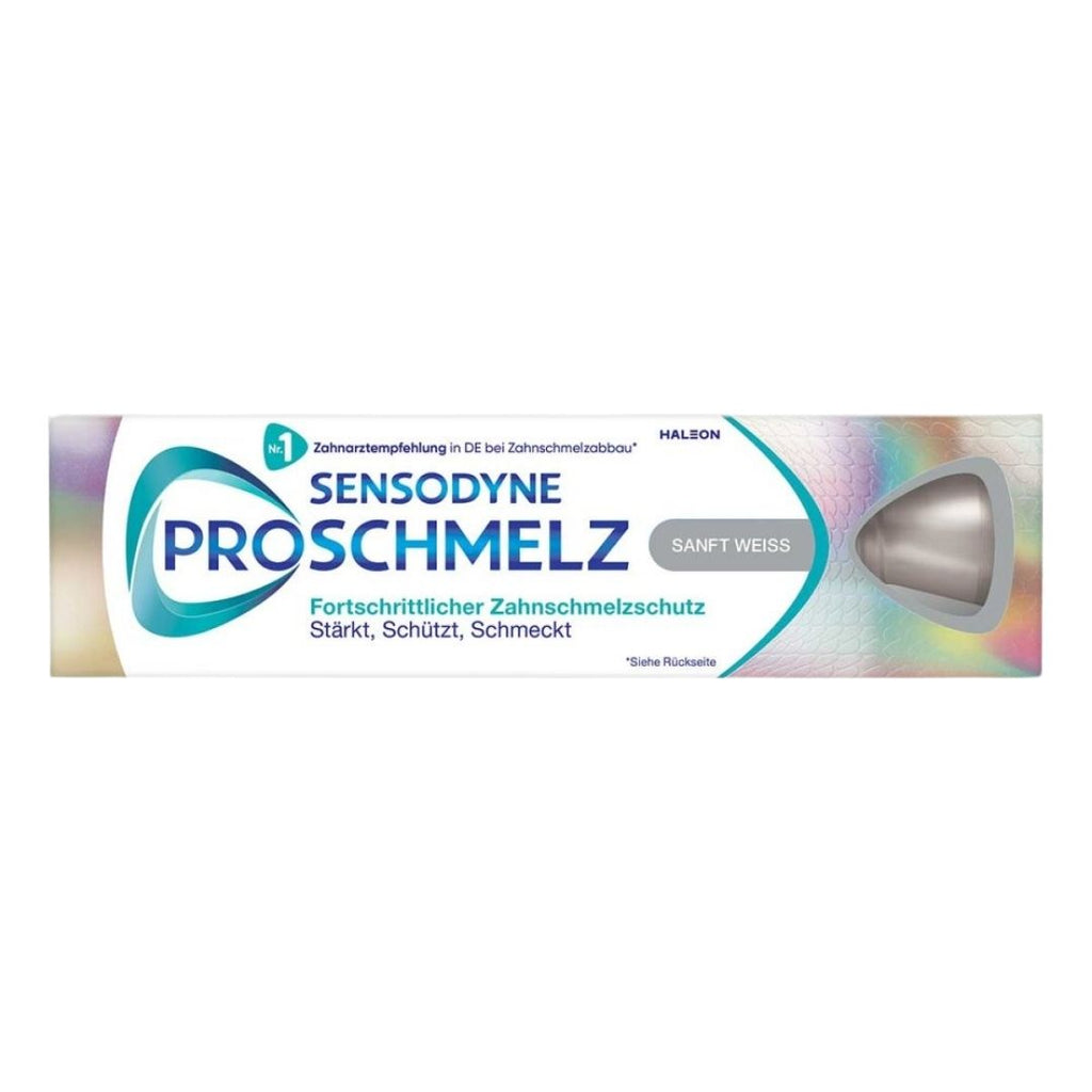 Sensodyne ProSchmelz toothpaste tube on a white background