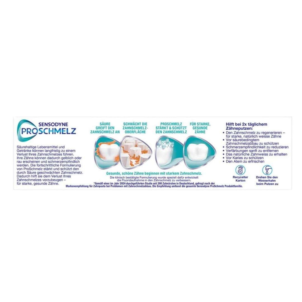 Sensodyne Proschmelz dental product packaging with text on a white background