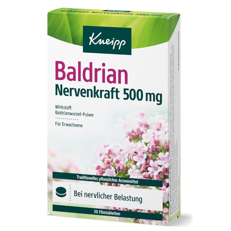 A box of Kneipp Baldrian Nervenkraft 500 mg tablets, featuring a white and green design with pink flowers on the front, photographed on a clean white background.