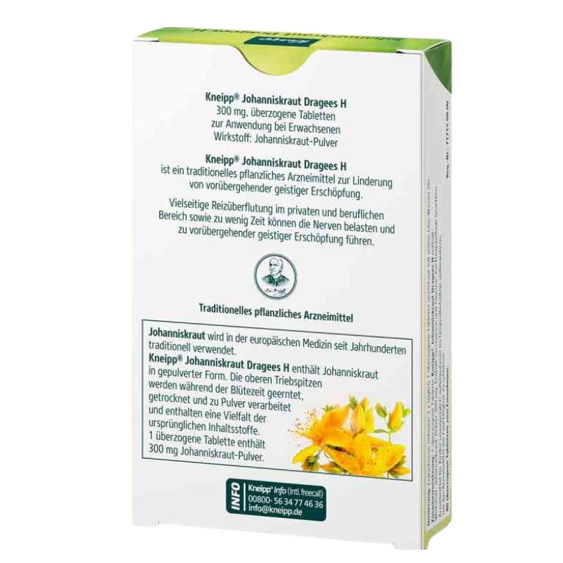 The back of a Kneipp Johanniskraut Dragues H herbal medicine box, showing German text, a small illustration of a person receiving a treatment, and a yellow/orange flower graphic near the bottom.