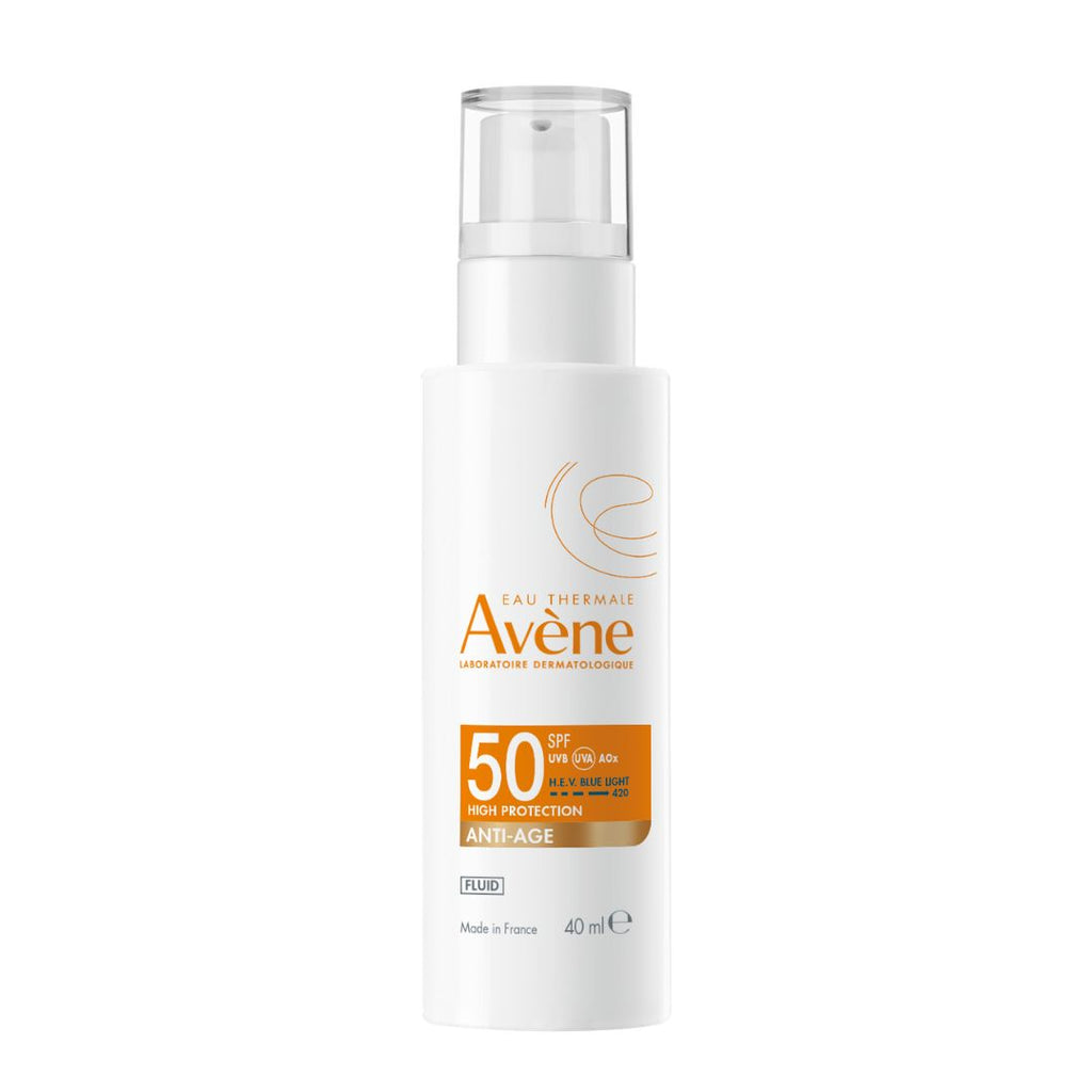 Avene sunscreen bottle with SPF 50+ on a white background