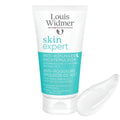 A white squeeze tube of Louis Widmer Skin Expert night cream with a turquoise band, shown on a white background with a clear gel smear to the right.