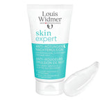 A white squeeze tube of Louis Widmer Skin Expert night cream with a turquoise band, shown on a white background with a clear gel smear to the right.