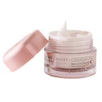 An open jar of Louis William Nutri Derm Pigmacarer night cream, showing the white cream inside, with its pink cap resting beside it on a white background.