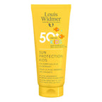 A yellow squeeze tube of Louis Widmer Sun Protection Kids SPF 50+ sunscreen, featuring a bright yellow design with text and small fish illustrations, set against a plain white background.
