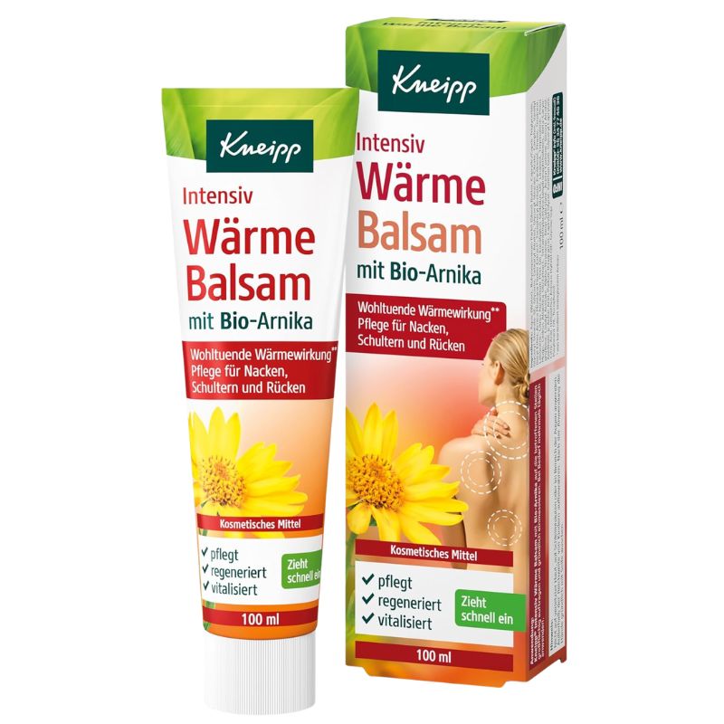 Kneipp Intensiv Wärme Balsam tube and packaging box on a plain white background. The tube and box are white with green, red, and yellow graphics, featuring the Kneipp brand name and German text.