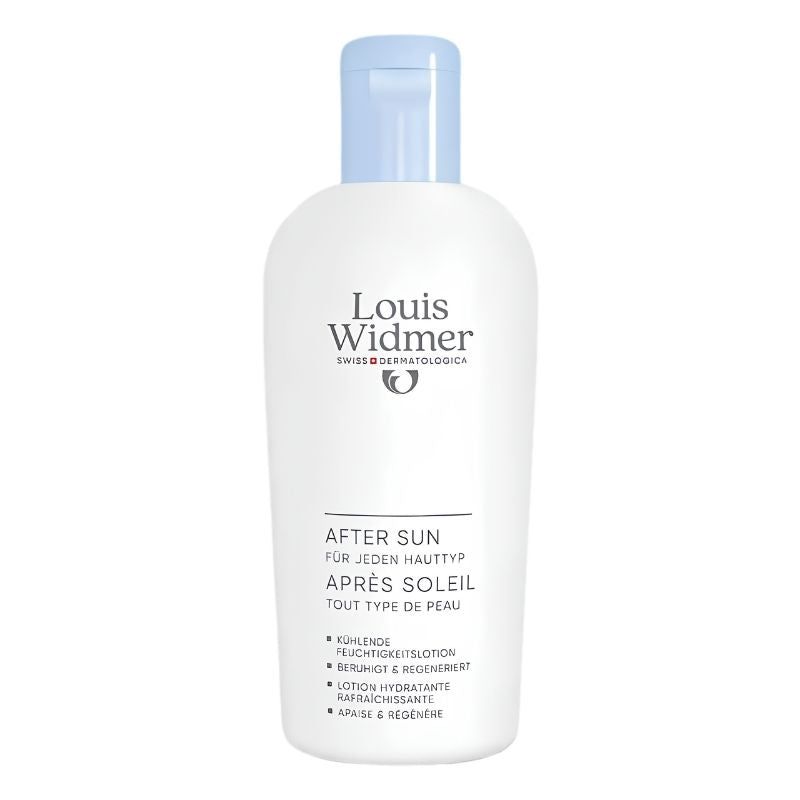 A white bottle of Louis Widmer After Sun lotion with a light blue cap, shown on a plain white background.