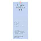 A tall, narrow Louis Widmer After Sun skincare box in a pale blue color, featuring the brand name and product details in German.