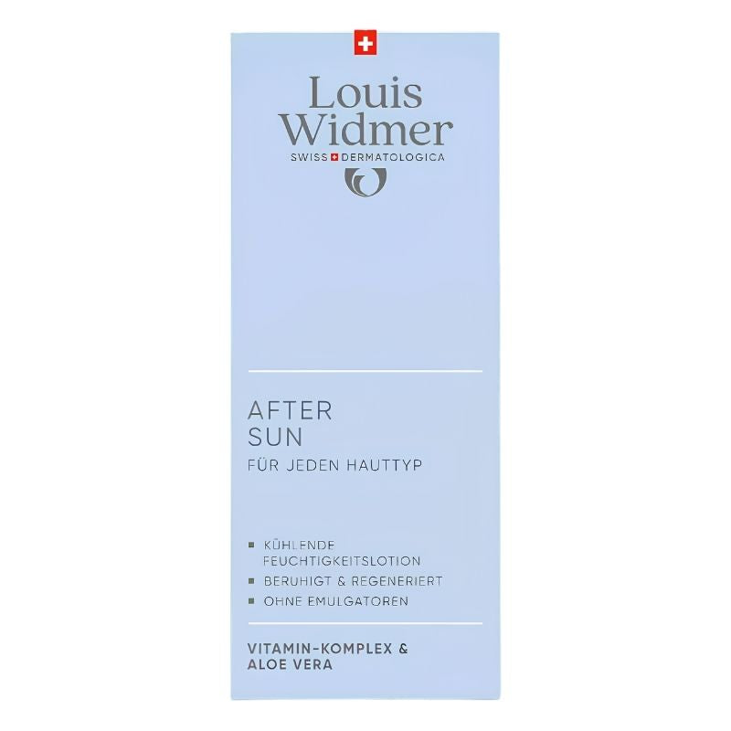 A tall, narrow Louis Widmer After Sun skincare box in a pale blue color, featuring the brand name and product details in German.