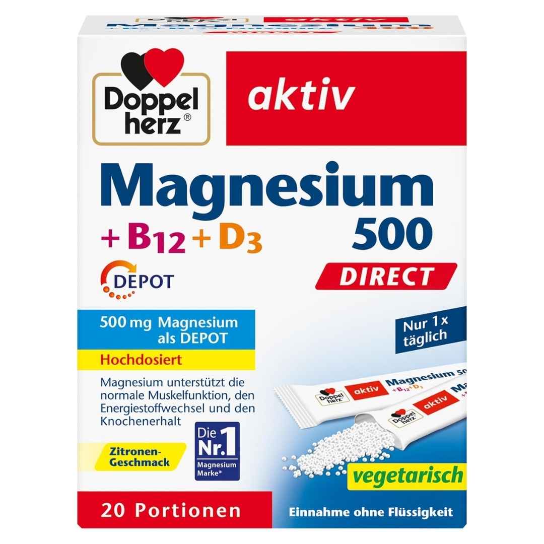 Doppelherz Magnesium supplement packaging with various text and branding elements.