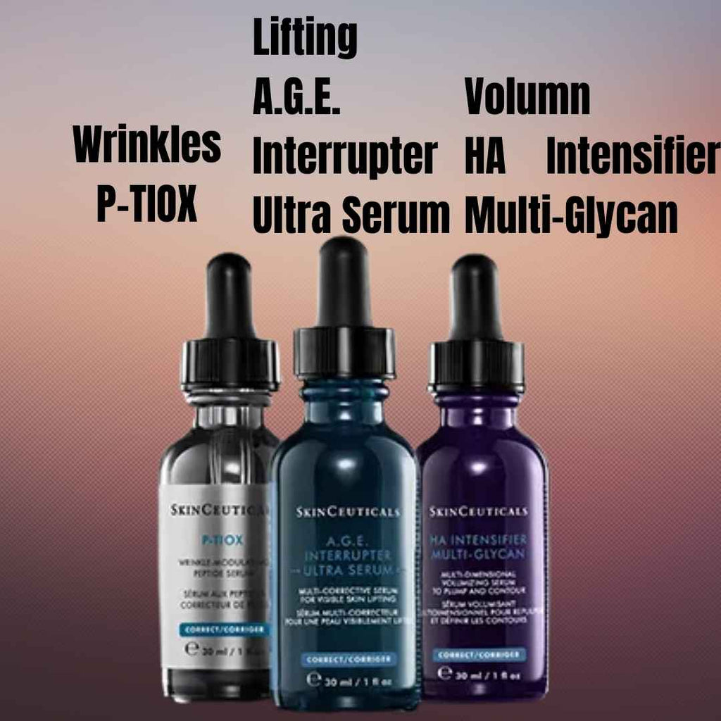 Three skincare serum bottles with text describing their functions 