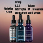 Three skincare serum bottles with text describing their functions 