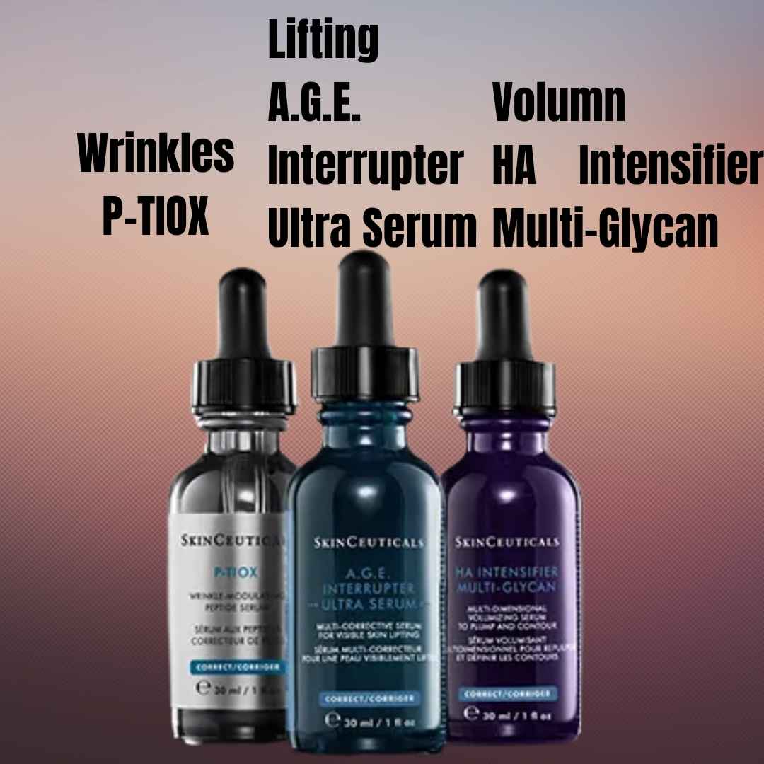 Three skincare serum bottles with text describing their functions 