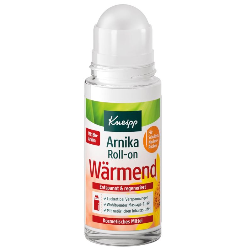 Kneipp Arnika Roll-on warm compress in a clear plastic bottle with a white cap, featuring a green, red, and orange label.