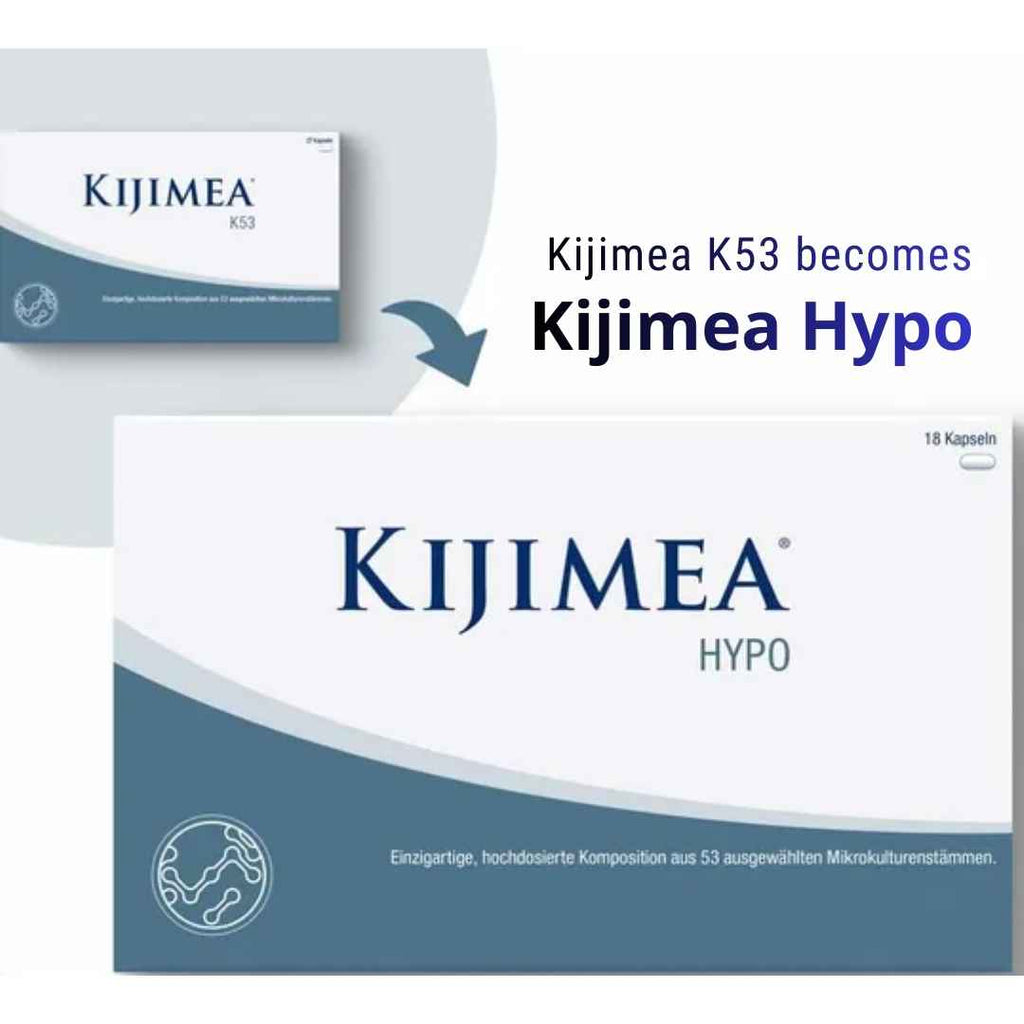 Kijimea K53 and Kijimea Hypo packaging with text indicating a product update.