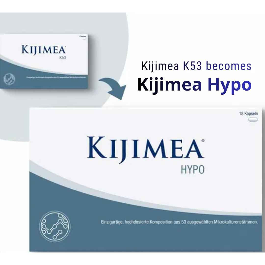 Kijimea K53 and Kijimea Hypo packaging with text indicating a product update.